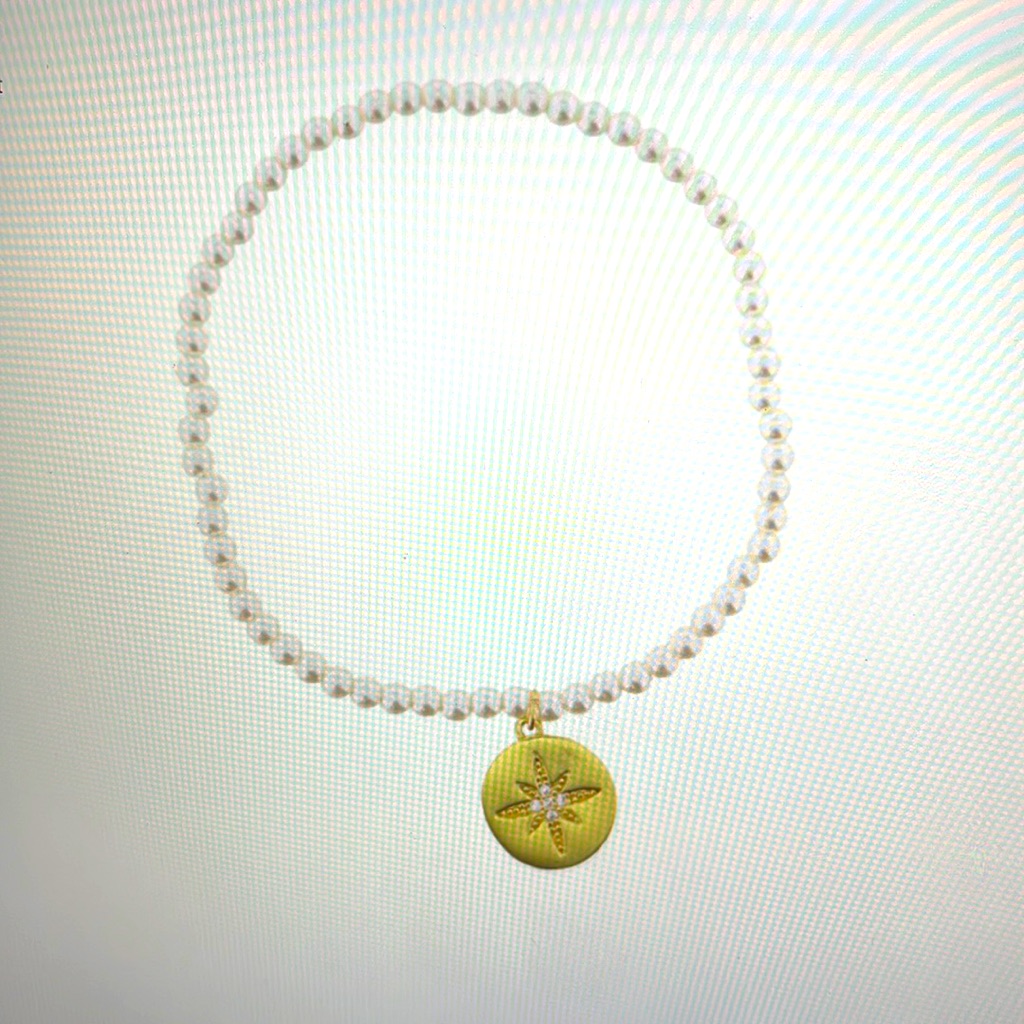 Pearl Beaded And Crystal Starburst Gold Disc Bracelet
